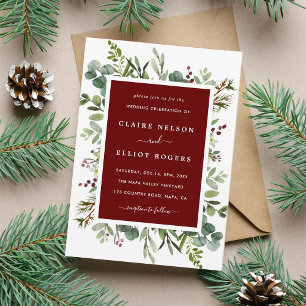 Botanical Greenery Christmas Holiday Red Wedding Invitation