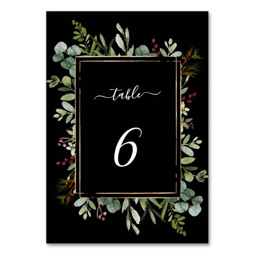 Botanical Greenery Christmas Holiday Wedding Black Table Number