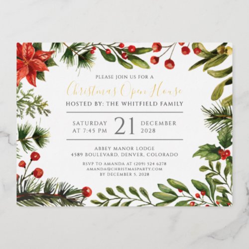 Botanical Greenery Christmas Open House Gold Foil Holiday Postcard