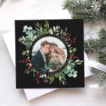 Botanical Greenery Christmas Photo Square Black Holiday Card<br><div class="desc">This Christmas | Holiday card features a photo surrounded by painted watercolor eucalyptus,  green leaves,  red berries,  and pine branches on a black background. For more advanced customization of this design,  please click the "customize further" link. Matching items are also available.</div>