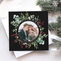 Botanical Greenery Christmas Photo Square Black