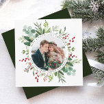 Botanical Greenery Christmas Photo Square Holiday Card<br><div class="desc">This Christmas | Holiday card features a photo surrounded by painted watercolor eucalyptus,  green leaves,  red berries,  and pine branches on a white background. For more advanced customization of this design,  please click the "customize further" link. Matching items are also available.</div>