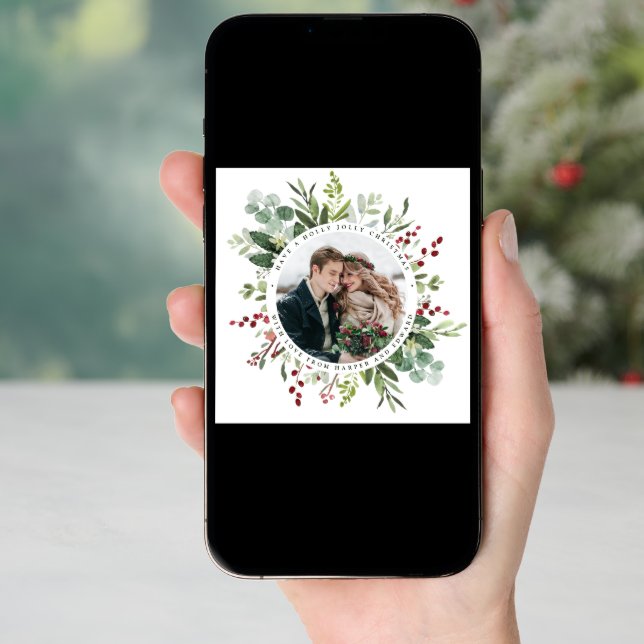 Botanical Greenery Christmas Photo Square Holiday Card (Front Digital)