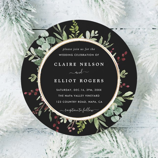 Botanical Greenery Christmas Wedding Black Circle Invitation (Creator Uploaded)