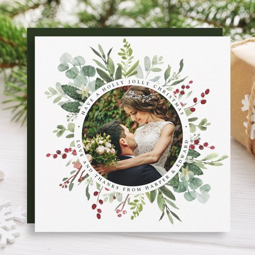 Botanical Greenery Christmas Wedding Photo Square Thank You Card