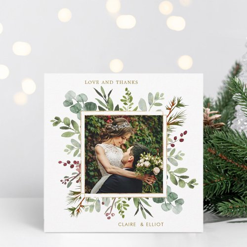 Botanical Greenery Christmas Wedding Photo Square  Thank You Card