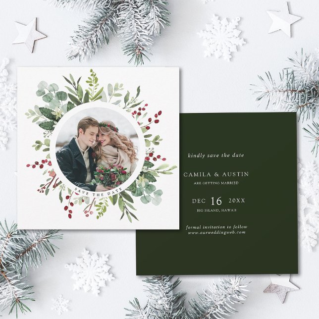 Botanical Greenery Christmas Winter Wedding Square Save The Date (Front & Back)