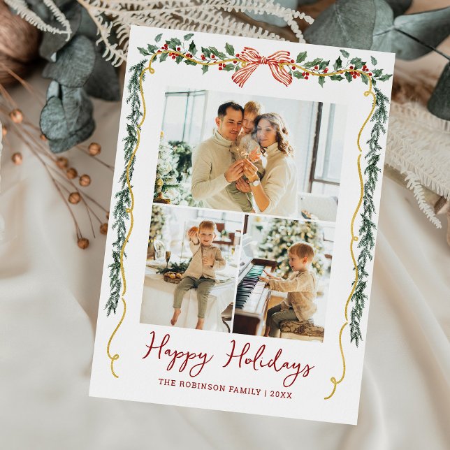 Botanical Greenery Coquette Bow Christmas 3 Photo Holiday Card (Creator Uploaded)