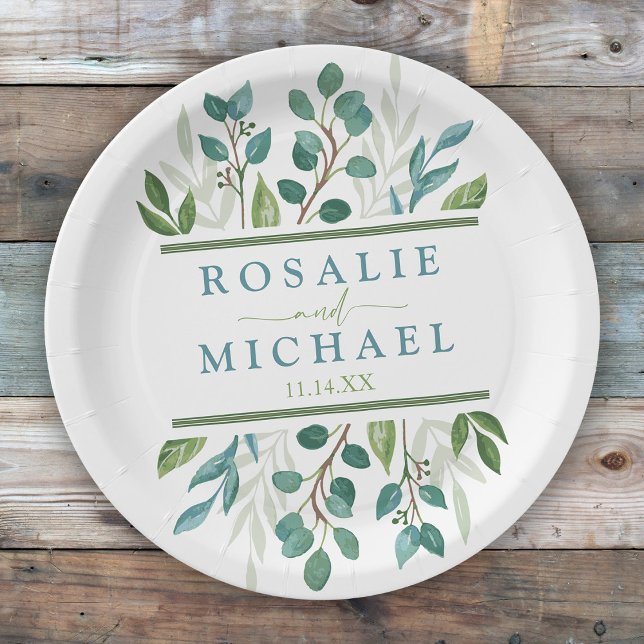 Botanical Greenery Custom Name  Paper Plates (Botanical Greenery  Custom Wedding Paper Plates)