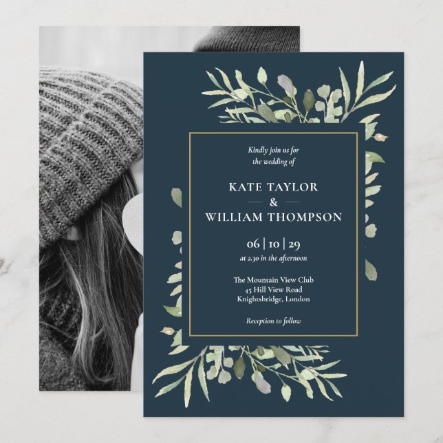 Botanical Greenery Deep Sea Blue Photo Wedding Invitation (Front/Back)