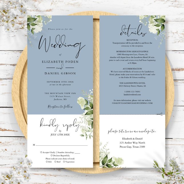 Botanical Greenery Dusty Blue All In One Wedding Invitation (Botanical Greenery Dusty Blue All In One Wedding Invitation)