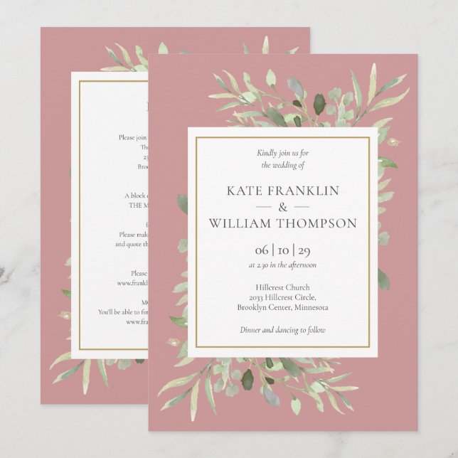Botanical Greenery Dusty Rose All In One Wedding  Invitation (Front/Back)