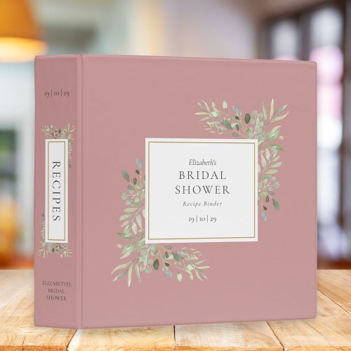 Botanical Greenery Dusty Rose Bridal Shower Recipe 3 Ring Binder