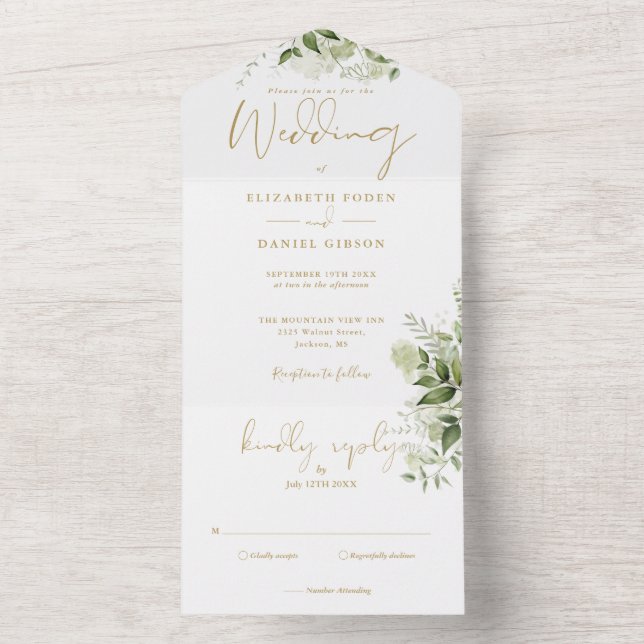 Botanical Greenery Elegant Gold Monogram Wedding All In One Invitation (Inside)