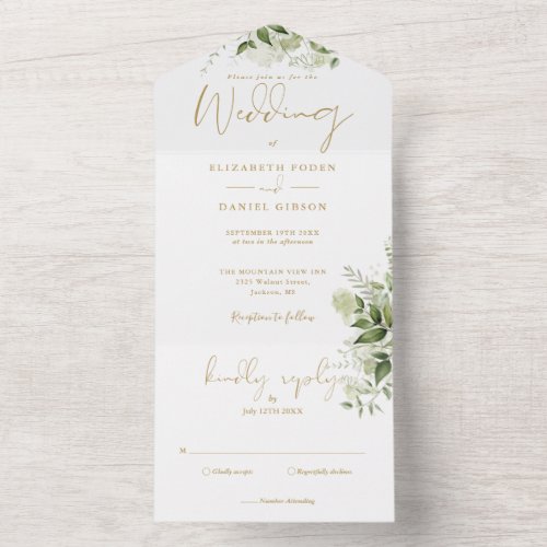 Botanical Greenery Elegant Gold Monogram Wedding All In One Invitation