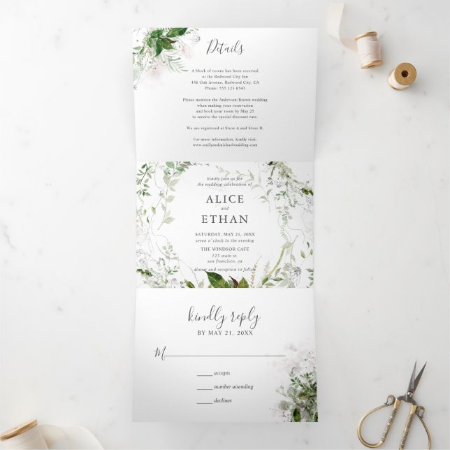 Botanical Greenery Elegant Wedding Tri-Fold Invita (Inside)