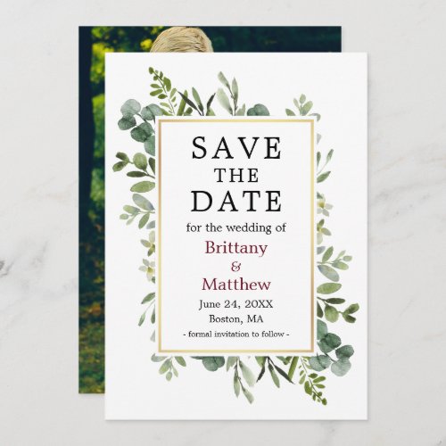 Botanical Greenery Eucalyptus Burgundy Photo Save The Date