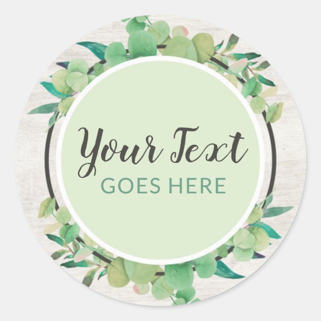 Botanical Greenery Eucalyptus & Rustic Wood Eco Classic Round Sticker (Front)