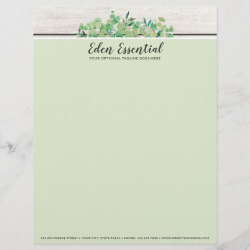 Botanical Greenery Eucalyptus  Rustic Wood Eco Letterhead