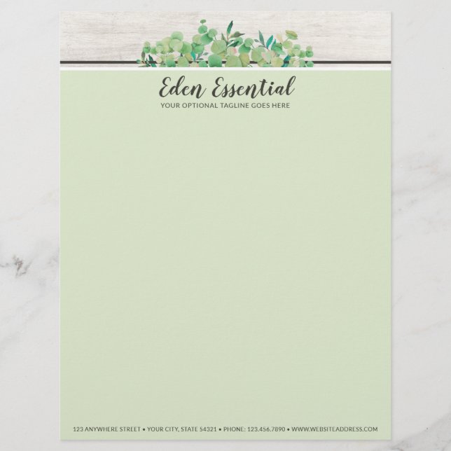 Botanical Greenery Eucalyptus & Rustic Wood Eco Letterhead (Front)