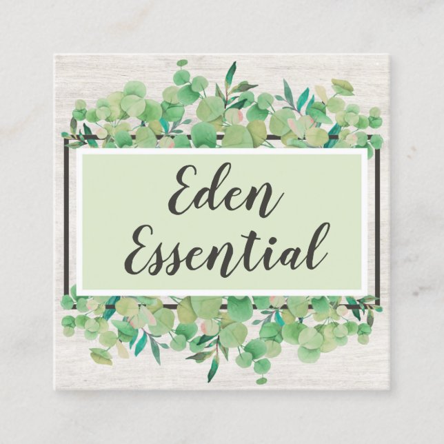 Botanical Greenery Eucalyptus & Rustic Wood Eco Square Business Card (Front)