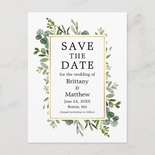 Botanical Greenery Eucalyptus Save The Date Postcard (Front)