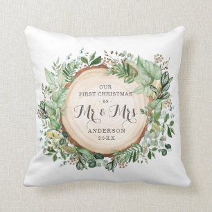 Botanical Greenery First Christmas as Mr & Mrs Throw Pillow