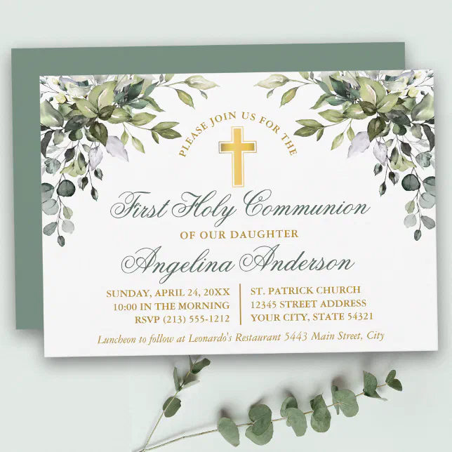 Botanical Greenery First Communion Sage Green Invitation | Zazzle