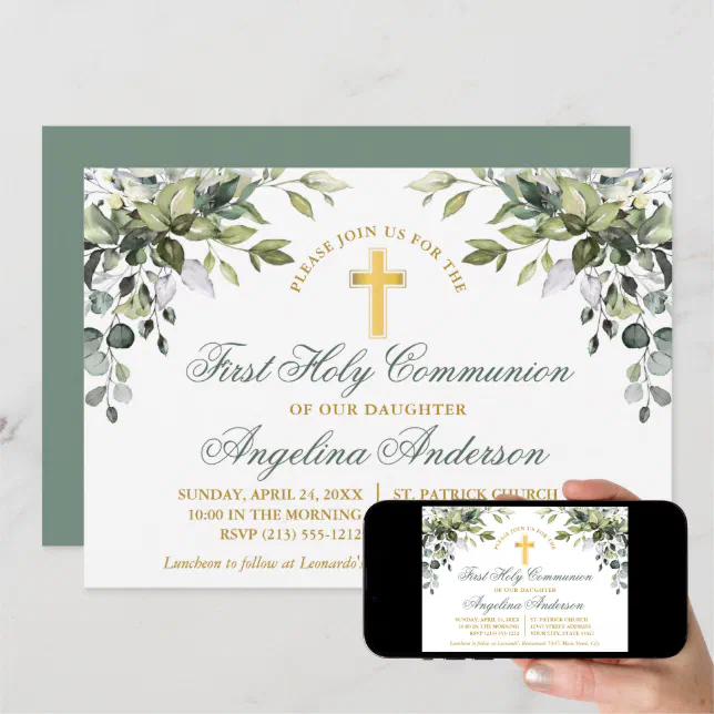 Botanical Greenery First Communion Sage Green Invitation | Zazzle