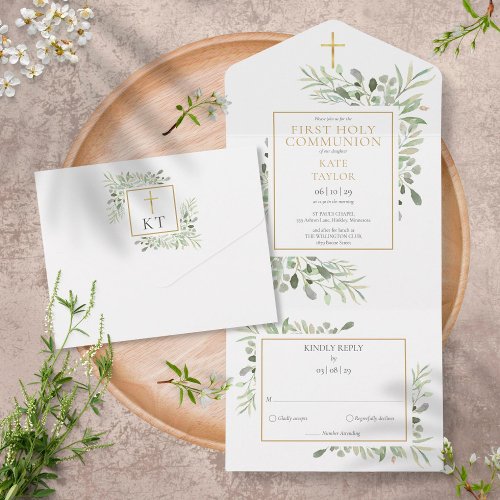 Botanical Greenery First Holy Communion All In One Invitation