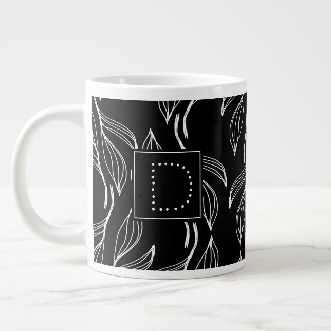 Botanical Greenery Floral Black and White Monogram Giant Coffee Mug (Left)