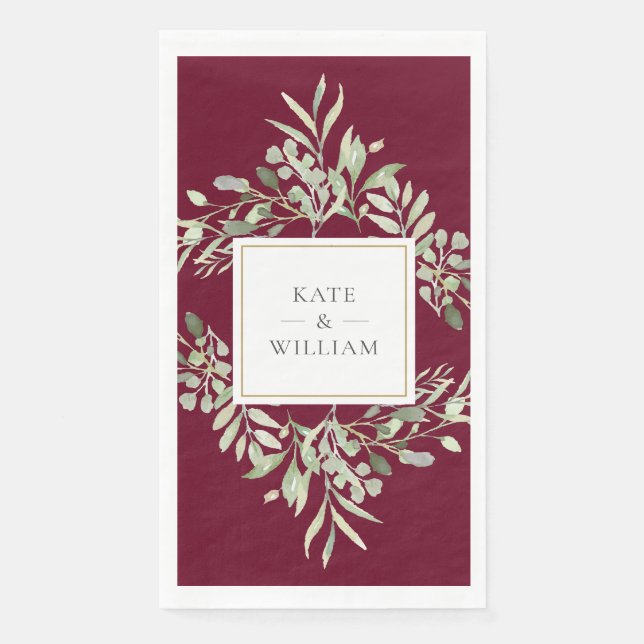 Botanical Greenery Floral Burgundy Red Wedding Paper Guest Towels (Front)