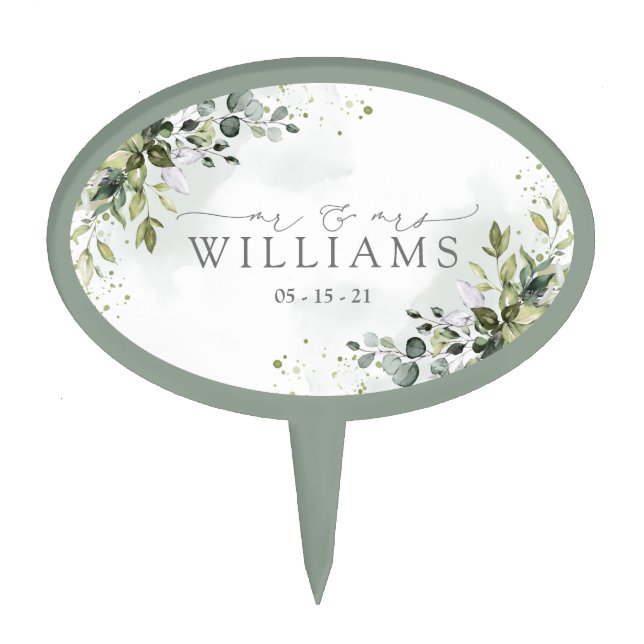 Botanical Greenery Floral Watercolor Wedding Cake Topper (Front)