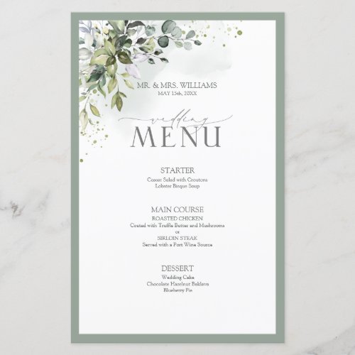 Botanical Greenery Floral Watercolor Wedding Menu