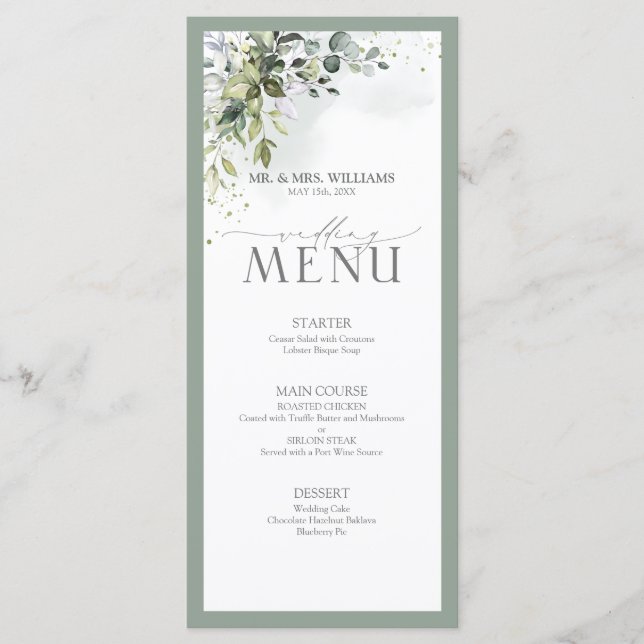 Botanical Greenery Floral Watercolor Wedding Menu (Front)