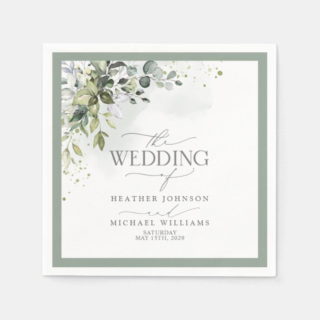 Botanical Greenery Floral Watercolor Wedding Napkins (Front)