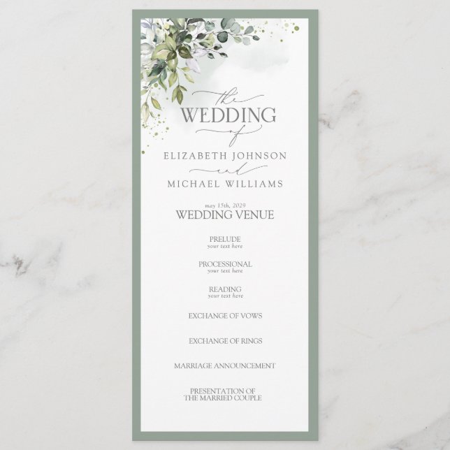 Botanical Greenery Floral Watercolor Wedding Program (Front)