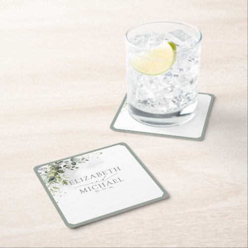 Botanical Greenery Floral Watercolor Wedding Square Paper Coaster