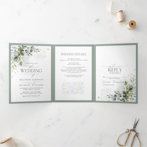 Botanical Greenery Floral Watercolor Wedding Tri_Fold Invitation