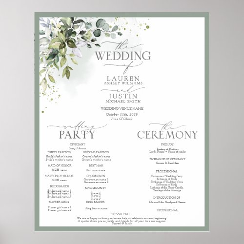 Botanical Greenery Floral Wedding Program Poster