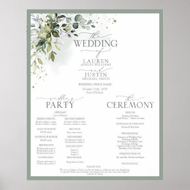 Botanical Greenery Floral Wedding Program Poster (Front)