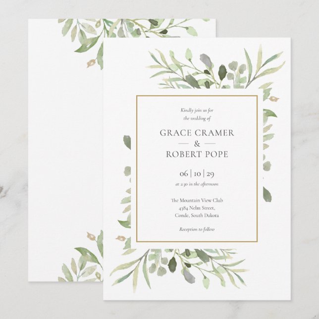 Botanical Greenery Foliage Gold Geometric Wedding Invitation (Front/Back)