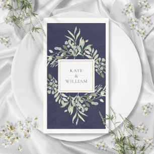 Botanical Greenery Foliage Navy Blue Wedding Paper Guest Towels