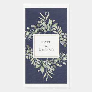 Botanical Greenery Foliage Navy Blue Wedding Paper Guest Towels