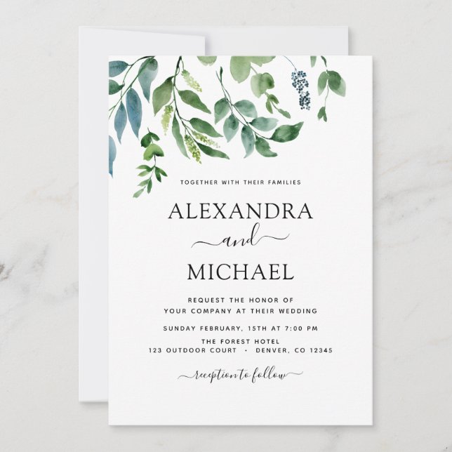 Botanical Greenery Foliage Watercolor Wedding Invitation (Front)