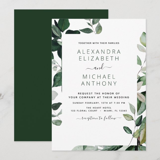 Botanical Greenery Foliage Watercolor Wedding Invitation (Front/Back)