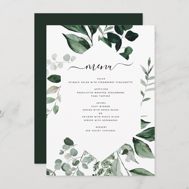 Botanical Greenery Foliage Watercolor Wedding Menu (Front/Back)