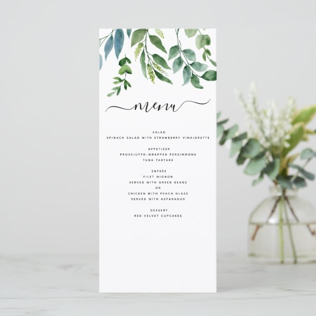 Botanical Greenery Foliage Watercolor Wedding Menu (Standing Front)