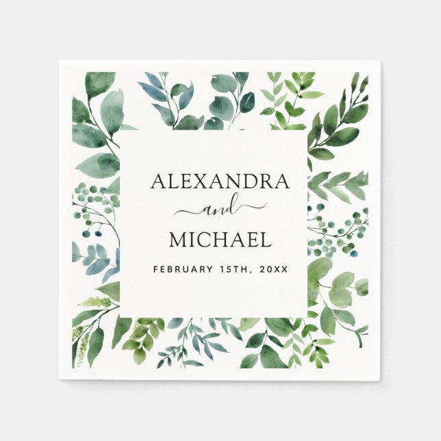 Botanical Greenery Foliage Watercolor Wedding Napk Napkins (Front)