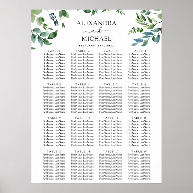 Botanical Greenery Foliage Wedding Seating Chart (Front)